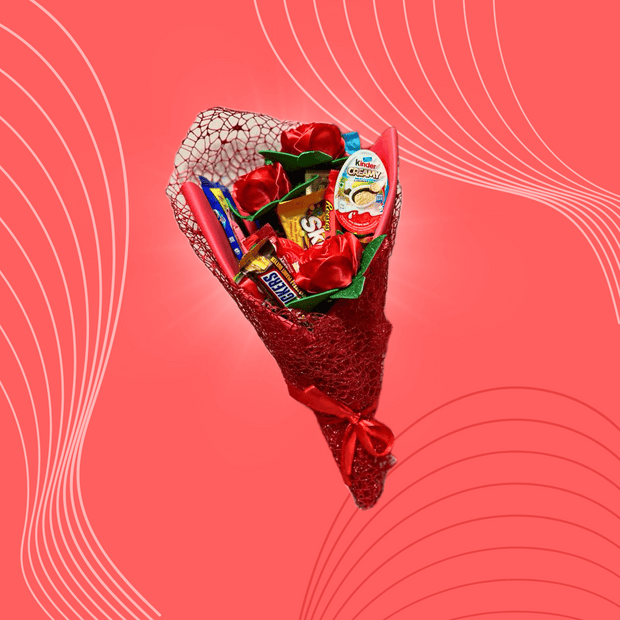 ValentineRose - Mazzo di Rose con Snack, Cioccolatini e Caramelle