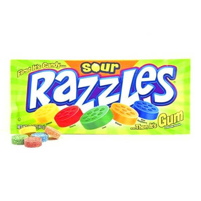 RAZZLES SOUR 40g - caramelle che diventano gomme gusti vari frutta aspre